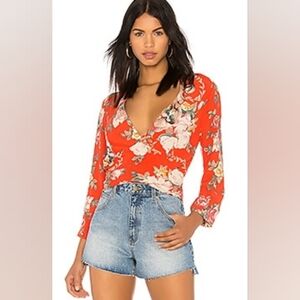 ROLLA'S S Delilah Blouse Red Floral Long Sleeve Wrap Tie Top Woman's S